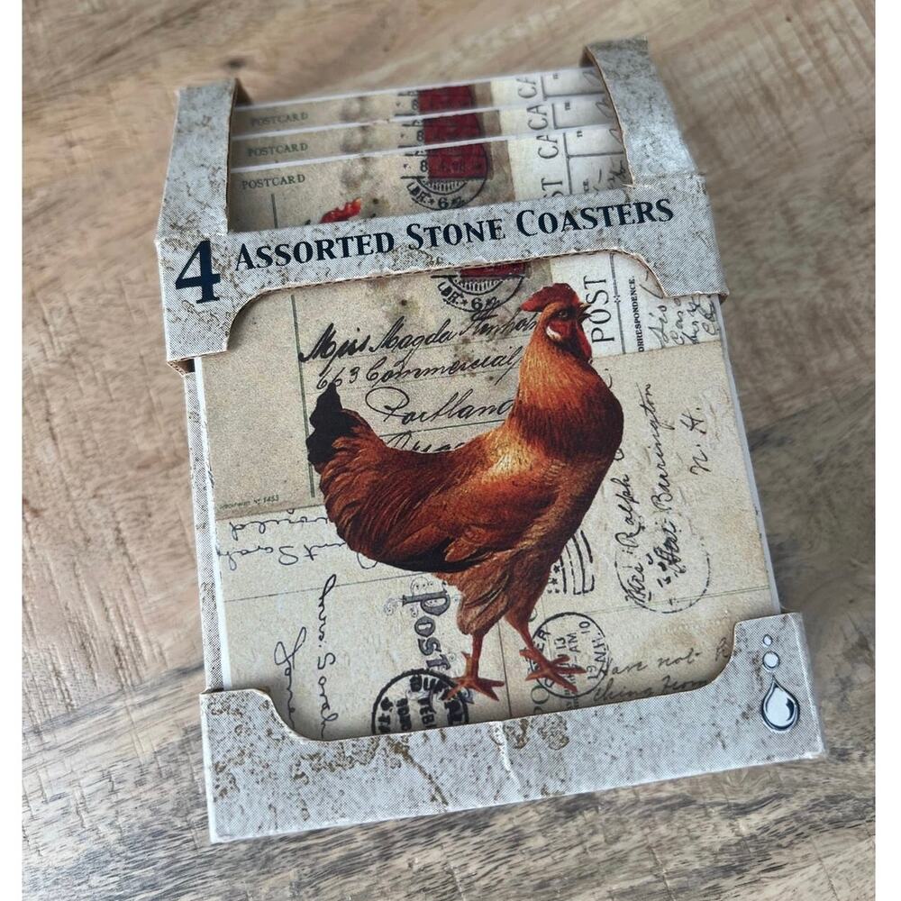 4 NEW AbsorbaStone Assorted Stone Rooster Coasters